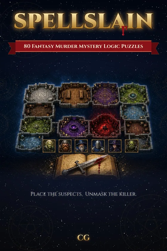 The Spellslain book cover: a glowing map of fantasy rooms, six suspect portraits, and a dagger on an open spellbook.